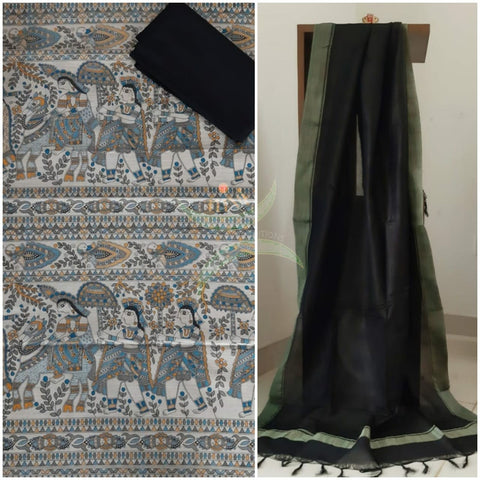 Silk blend handloom with block printed madhubani motifs 3 piece set