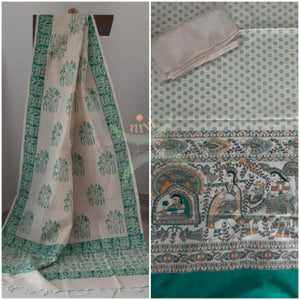 Silk blend handloom with block printed madhubani motifs 3 piece set