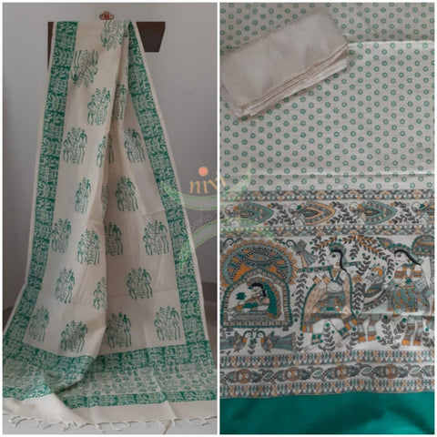 Silk blend handloom with block printed madhubani motifs 3 piece set