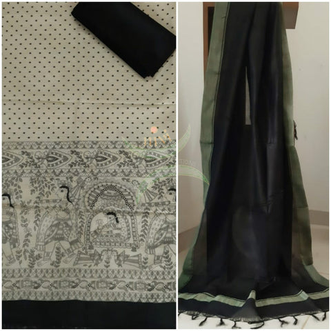Silk blend handloom with block printed madhubani motifs 3 piece set