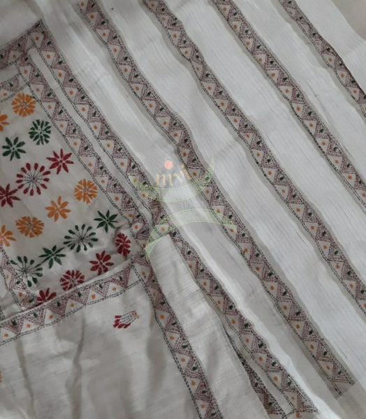 Beige linen Saree with hand kantha embroidery.