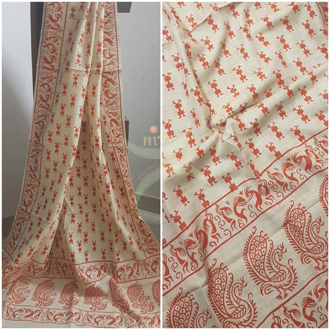 Beige and orange combination handloom silk blend dupatta with block printed warli motifs