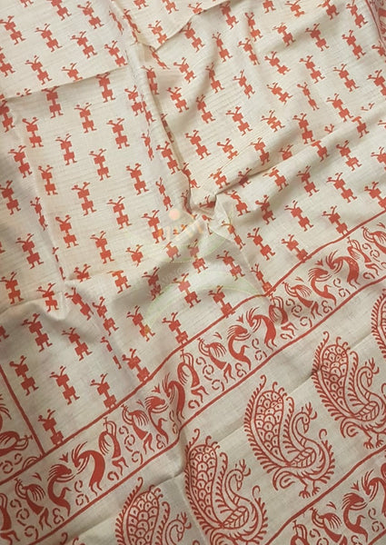 Beige and orange combination handloom silk blend dupatta with block printed warli motifs