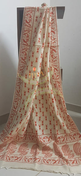 Beige and orange combination handloom silk blend dupatta with block printed warli motifs