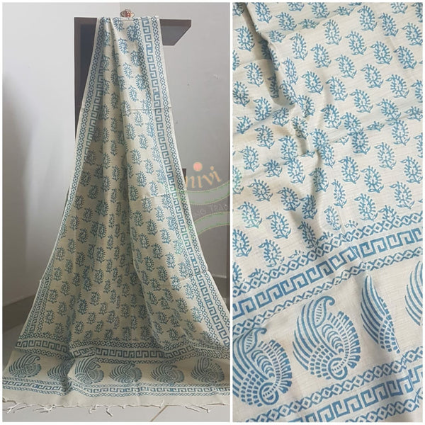 Beige and blue combination handloom silk blend dupatta with block printed warli motifs