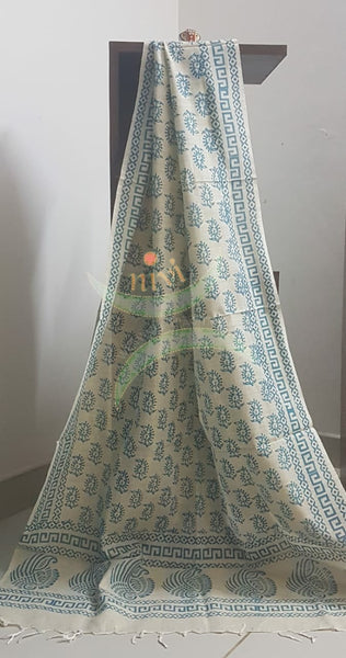 Beige and blue combination handloom silk blend dupatta with block printed warli motifs