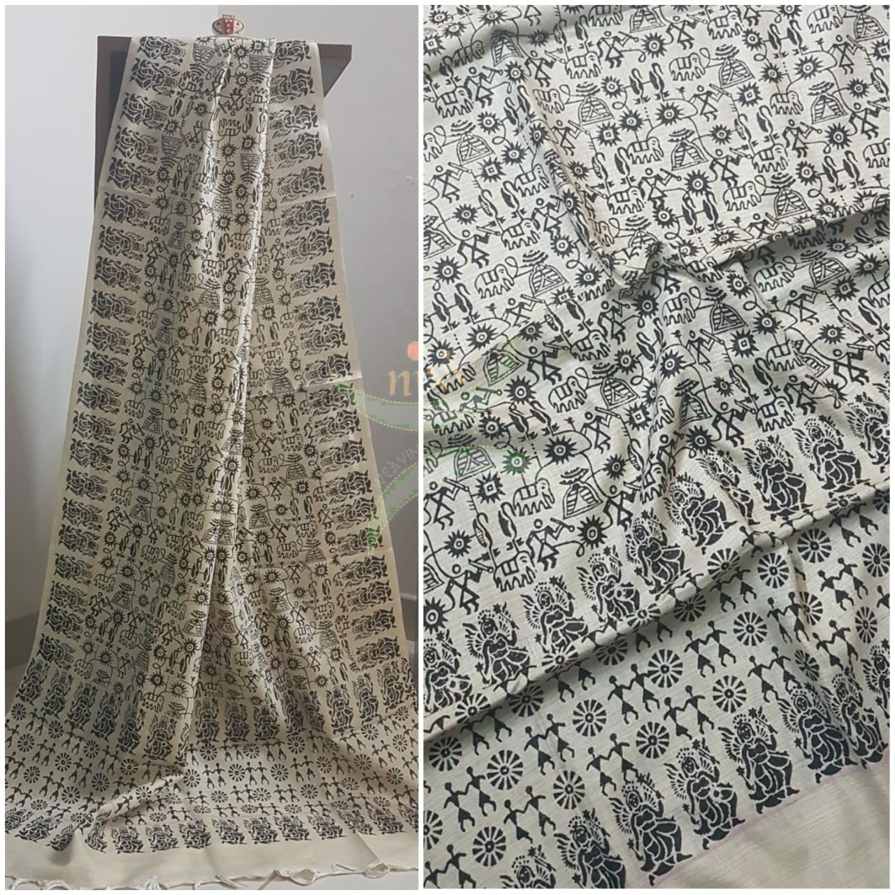 Beige and black combination handloom silk blend dupatta with block printed warli motifs