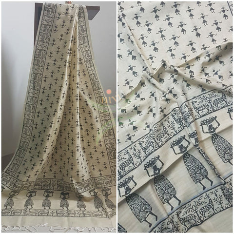 Beige and black combination handloom silk blend dupatta with block printed warli motifs