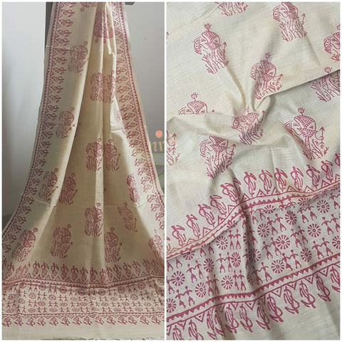 Beige and pink combination handloom silk blend dupatta with block printed warli motifs