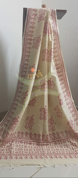 Beige and pink combination handloom silk blend dupatta with block printed warli motifs