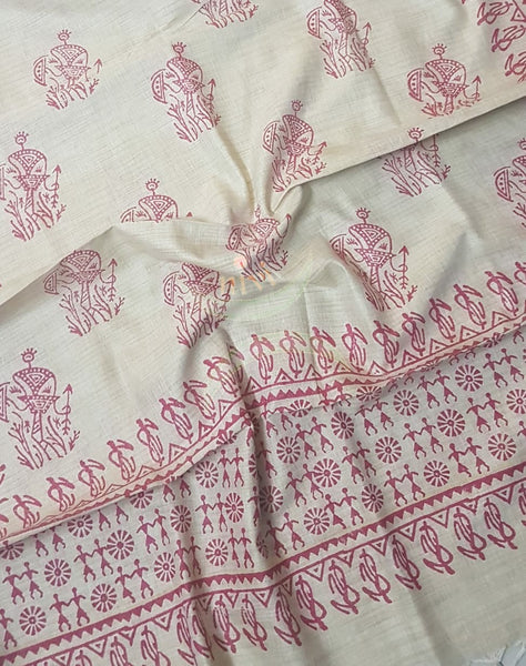 Beige and pink combination handloom silk blend dupatta with block printed warli motifs