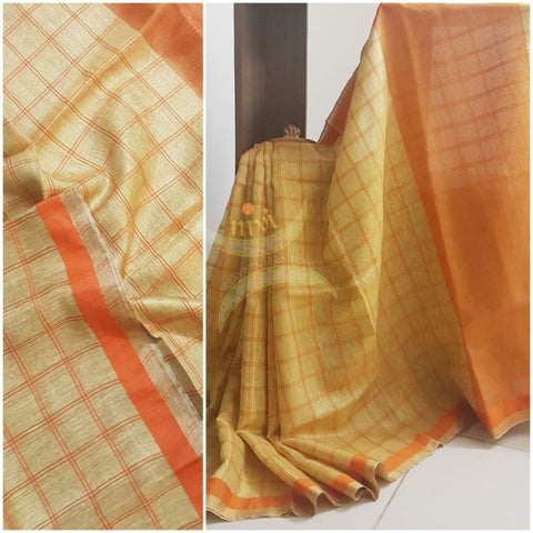 Handloom checkered linen tissue with contrasting orange border and pallu
