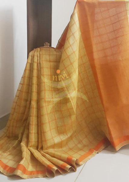 Handloom checkered linen tissue with contrasting orange border and pallu