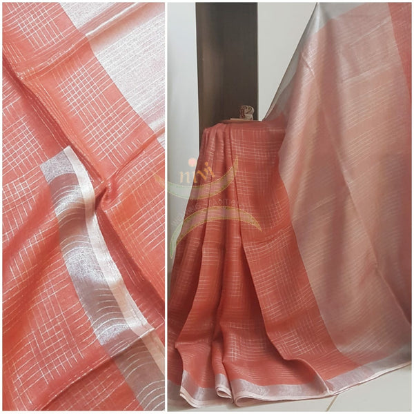 Peach handloom checkered linen tissue with subtle silver border