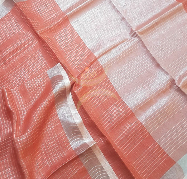 Peach handloom checkered linen tissue with subtle silver border