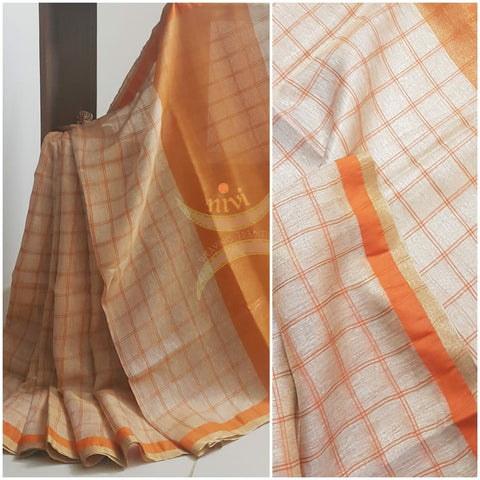 Handloom checkered linen tissue with contrasting orange border and pallu