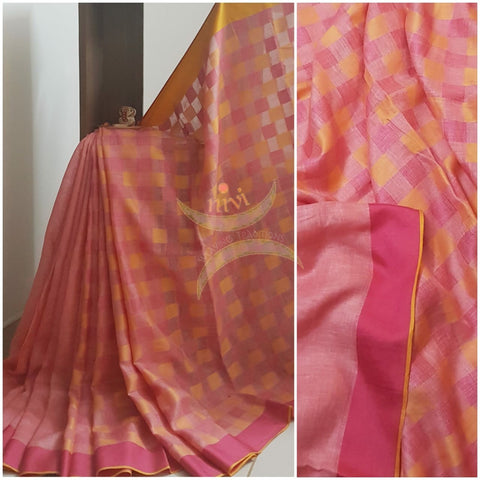 Pink half plain half checkered handloom linen saree
