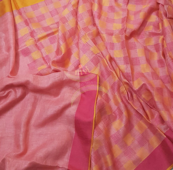 Pink half plain half checkered handloom linen saree