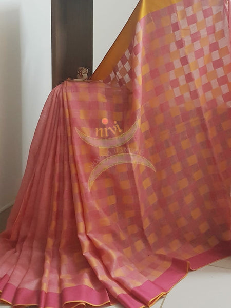 Pink half plain half checkered handloom linen saree