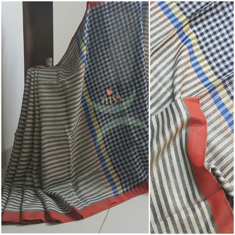 Grey handloom linen with checkered pallu