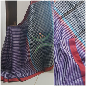 Purple grey handloom linen with checkered pallu