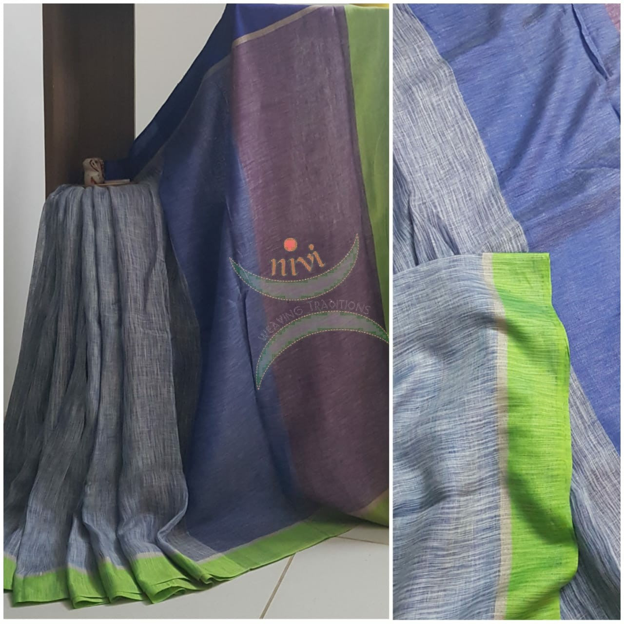 Grey shot blue handloom linen with Ganga jamuna border
