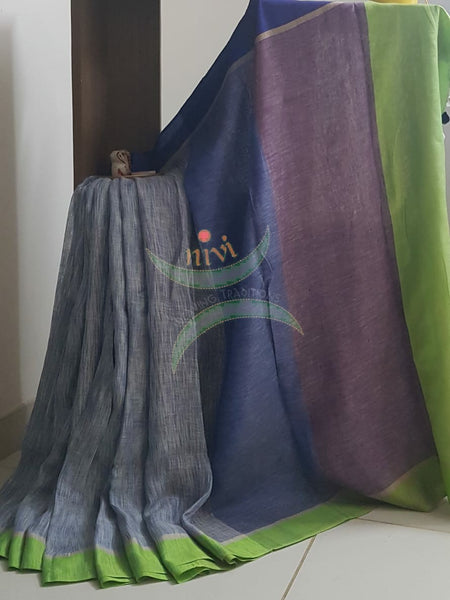 Grey shot blue handloom linen with Ganga jamuna border