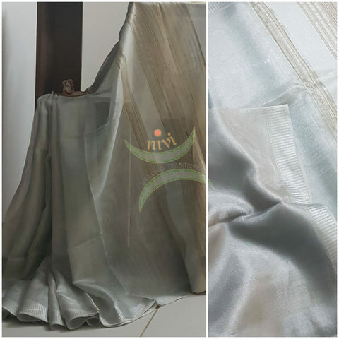 Grey silver handloom silk linen tissue Saree.