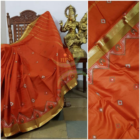 Orange kota cotton with traditional peacock motif kasuti embroidery