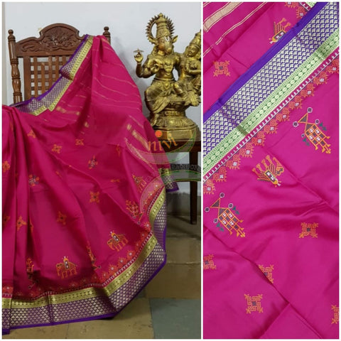 Fuschia pink kota cotton with traditional anne ambari motif kasuti embroidery
