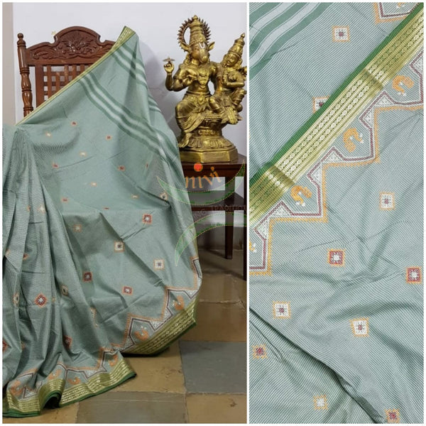 Mint green kota cotton with traditional peacock motif kasuti embroidery