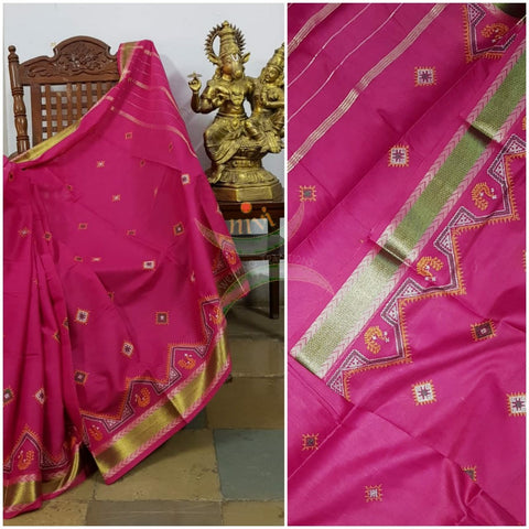 Pink kota cotton with traditional peacock motif kasuti embroidery
