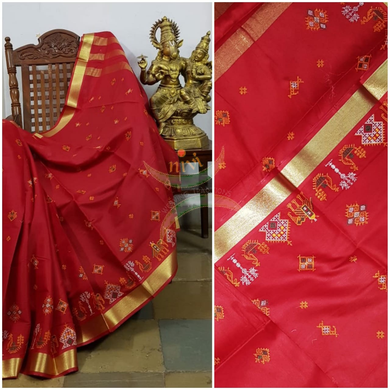 Red kota cotton with traditional anne ambari motif kasuti embroidery