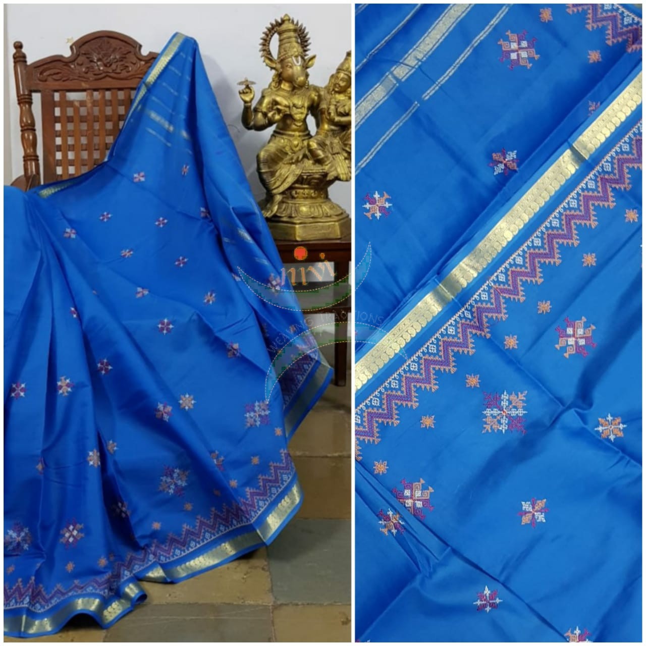 Royal blue kota cotton with traditional kasuti embroidery