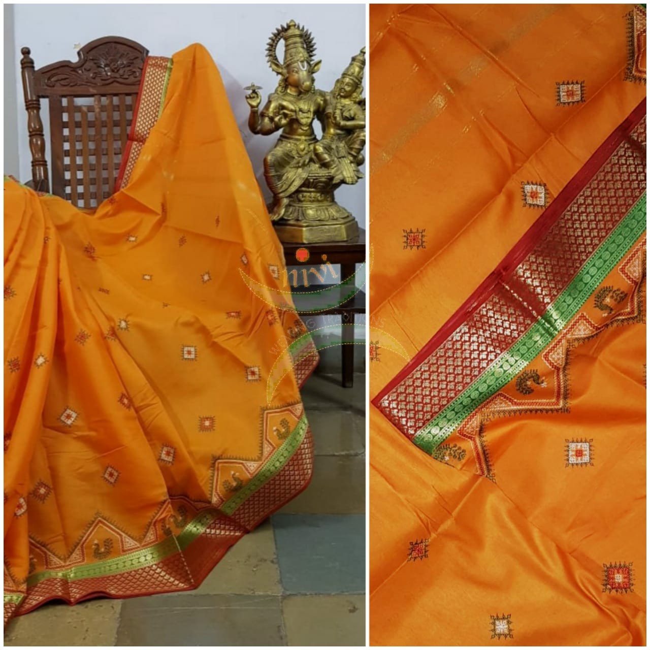 Orange kota cotton with traditional peacock motif kasuti embroidery