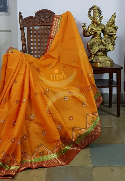 Orange kota cotton with traditional peacock motif kasuti embroidery