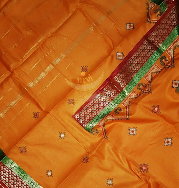 Orange kota cotton with traditional peacock motif kasuti embroidery