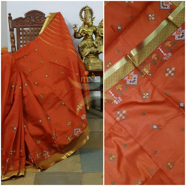 Orange kota cotton with traditional anne ambari motif kasuti embroidery