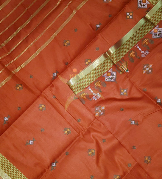 Orange kota cotton with traditional anne ambari motif kasuti embroidery