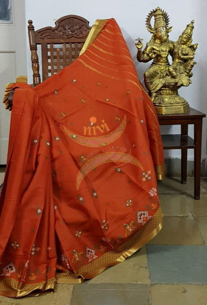 Orange kota cotton with traditional anne ambari motif kasuti embroidery