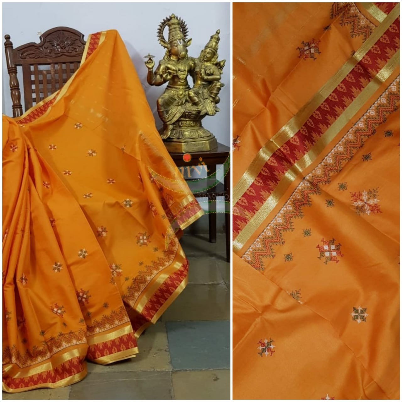 Orange kota cotton with traditional kasuti embroidery