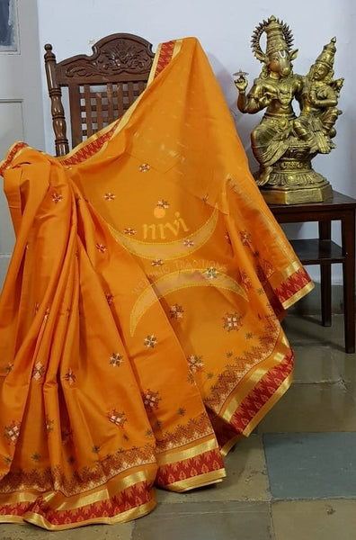 Orange kota cotton with traditional kasuti embroidery