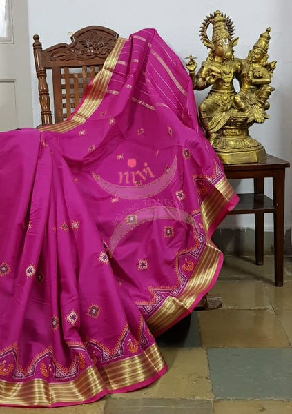 Fuschia pink kota cotton with traditional peacock motif kasuti embroidery