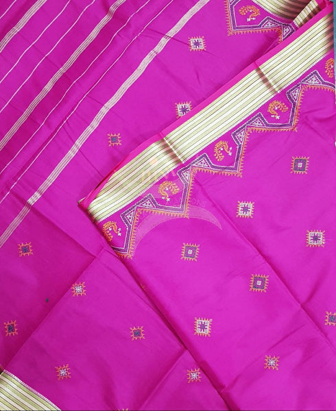 Fuschia pink kota cotton with traditional peacock motif kasuti embroidery