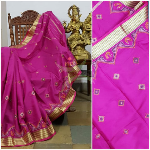 Fuschia pink kota cotton with traditional peacock motif kasuti embroidery