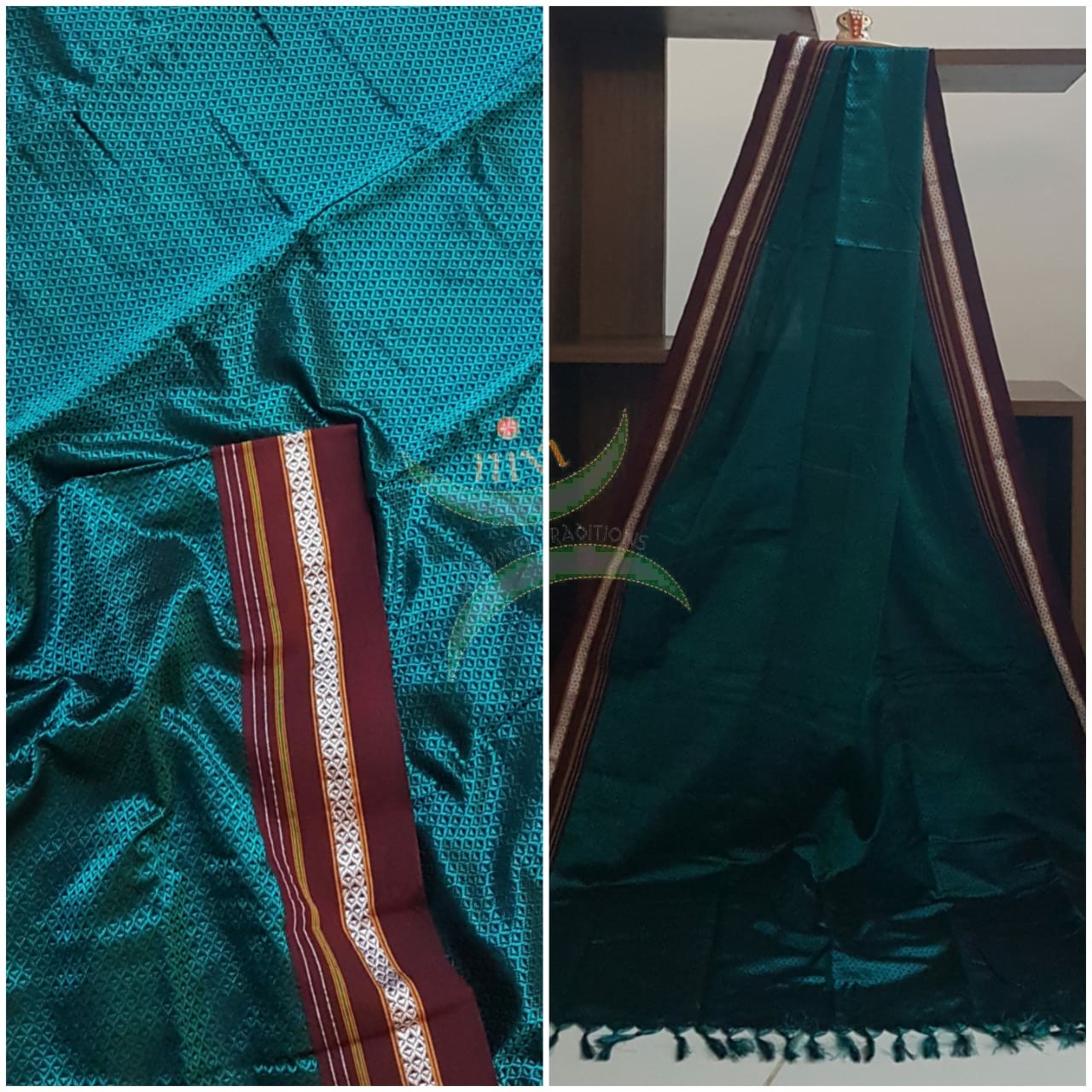 Handloom teal blue with maroon khun/ khana dupatta