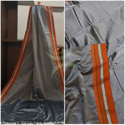 Handloom silver grey with orange khun/ khana dupatta