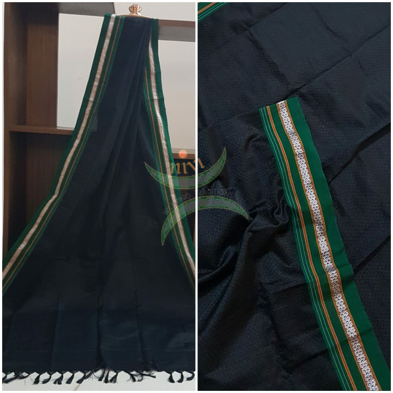 Handloom black with green border khun/ khana dupatta