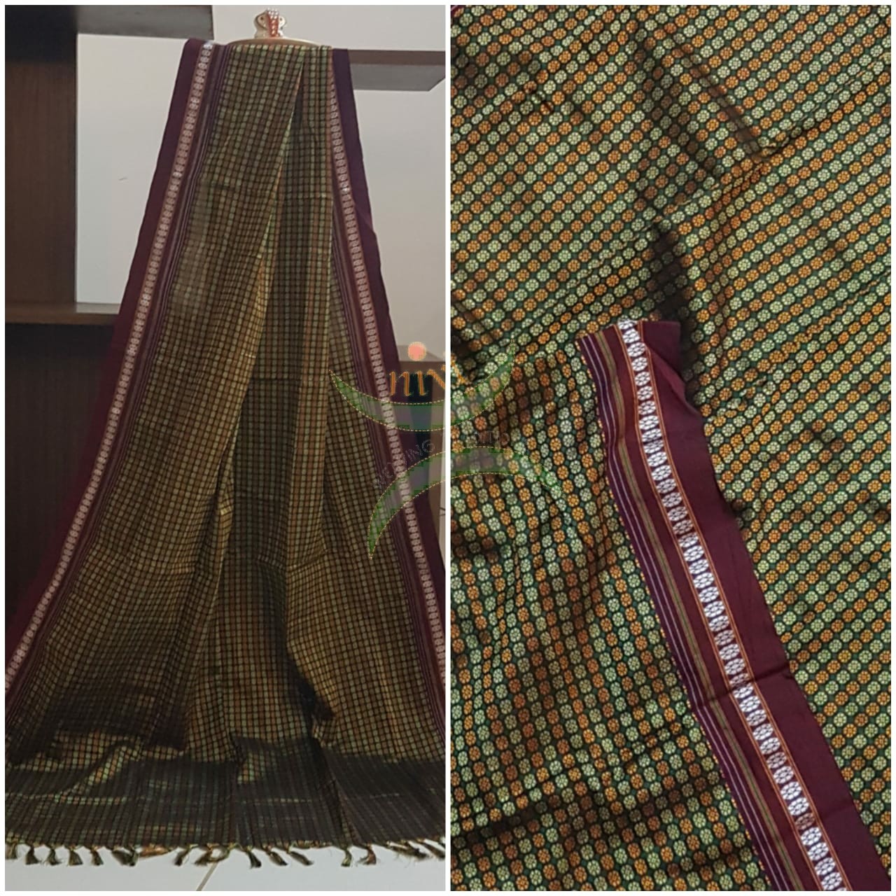 Handloom mehendi green with maroon border khun/ khana dupatta
