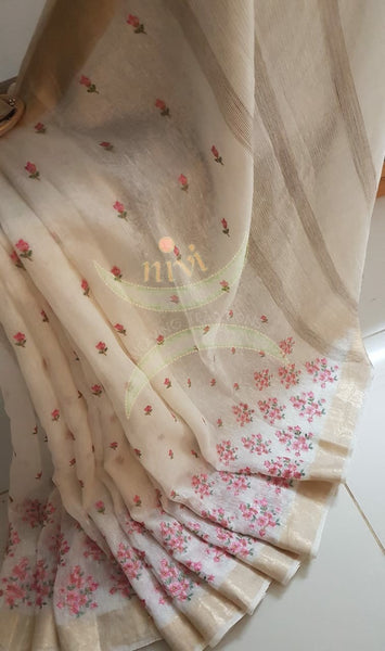 Off white linen silk handloom with embroidery